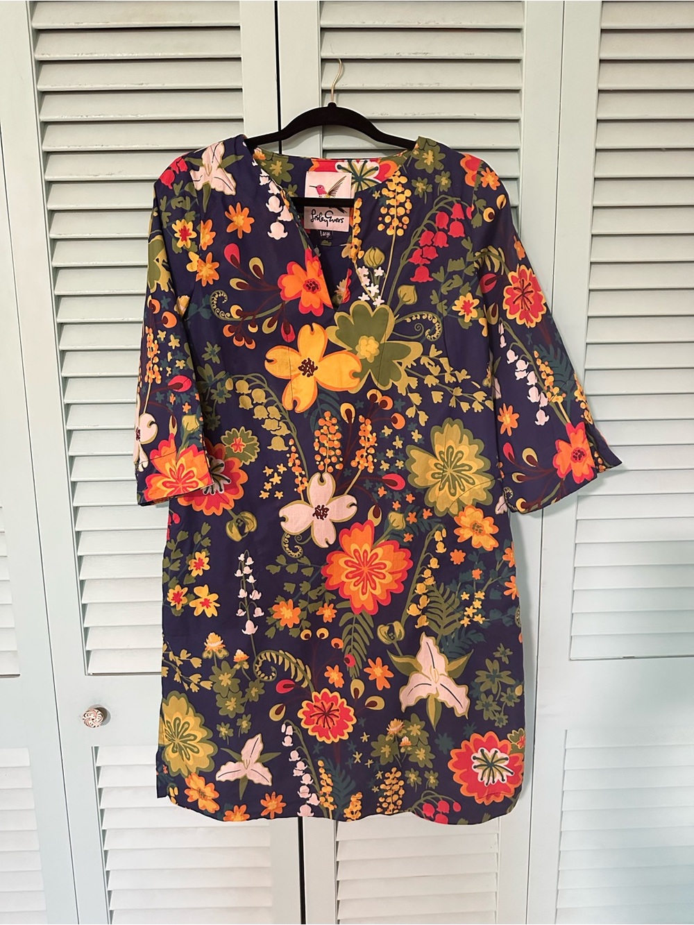 Lesley Evers Floral V-Neck Shift Dress in Woodland Navy